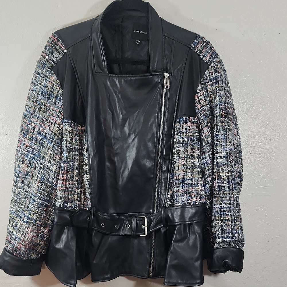 Lane Bryant Black Faux Leather and Multicolor Tweed Jacket Size 22/24
